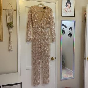 PrettyLittleThing Sequin Embellished Jumpsuit in Nude